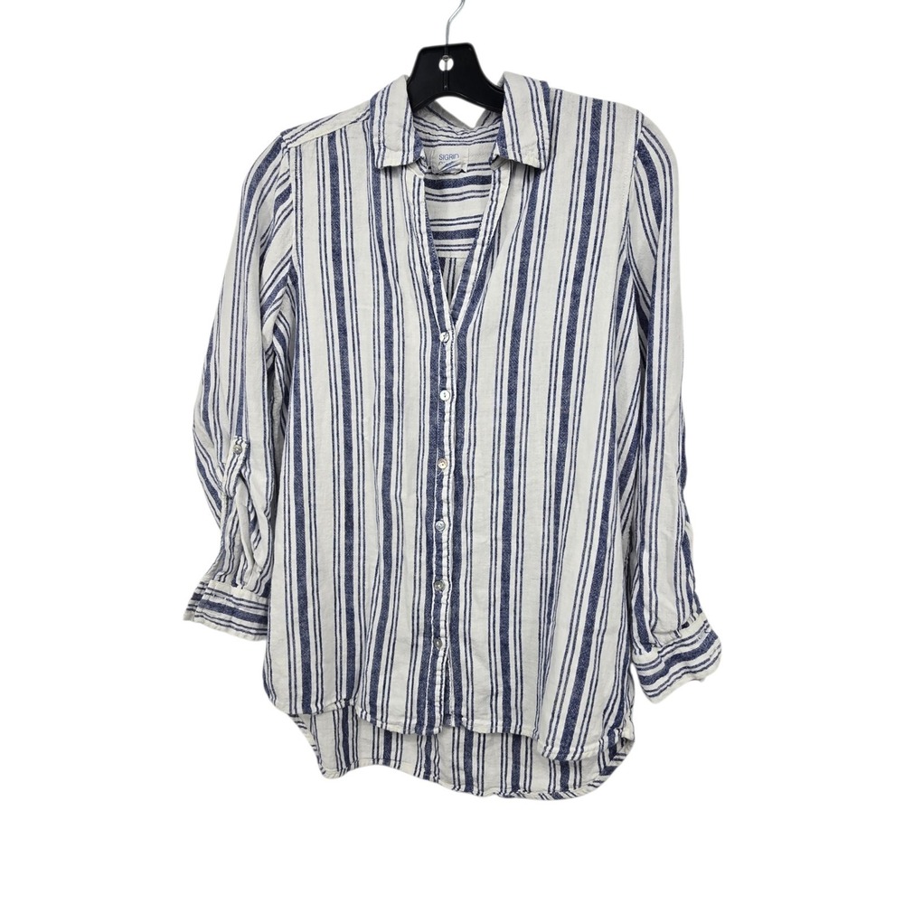 Sigrid Olsen Striped Button Up Linen Blend Shirt Women's XS Blue Beach Coastal